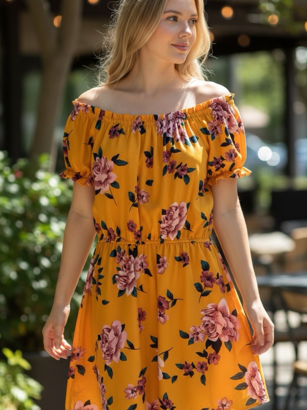 MPH Yellow Floral Off Shoulder Mini Dress Summer Vacation Size L